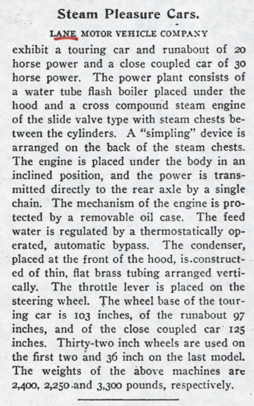 Lane Motor Vehicle Company Magazine Advertisement, Horseless Age, Vol. 23, No. 1, p. 12, Photocopy, Conde Collection