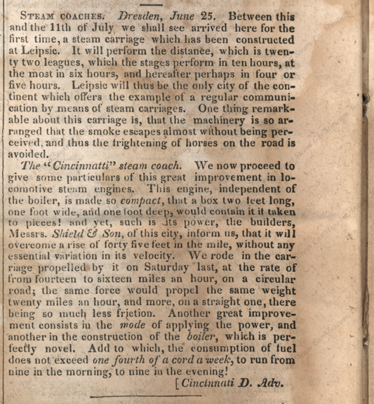 Leipsic Steam Carriage, 1830, Cited in Niles Weekly Register, August 28, 1830