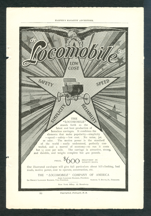 Locomobile Company of America, 1899 Magazine Advertisement, Harpers Magazine, p. 95