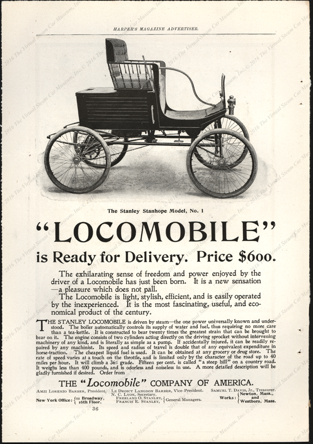 Locomobile Company of America, September 1899 Magazine Advertisement, Harper's Magazine, p. 36