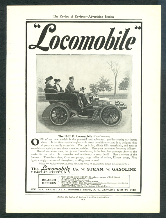Locomobile Company of America, Magazine Advertisement, American National Review of Reviews, 1903, p. 43.