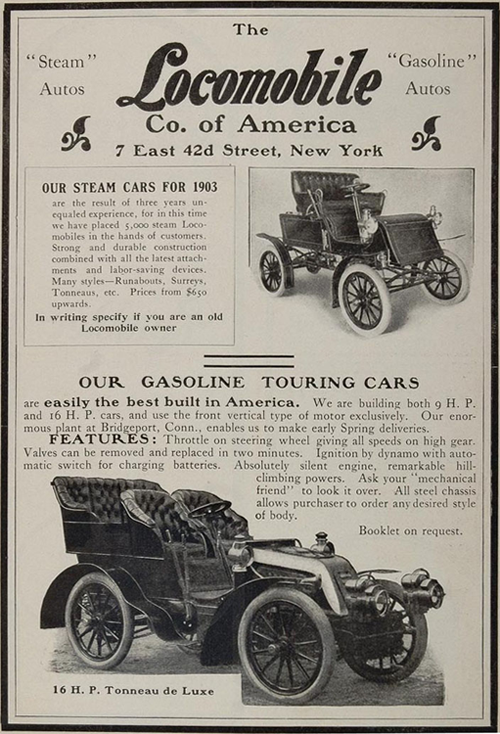 Locomobile Company of America, Magazine Advertisement, 1903, Steam and Gasoline Cars