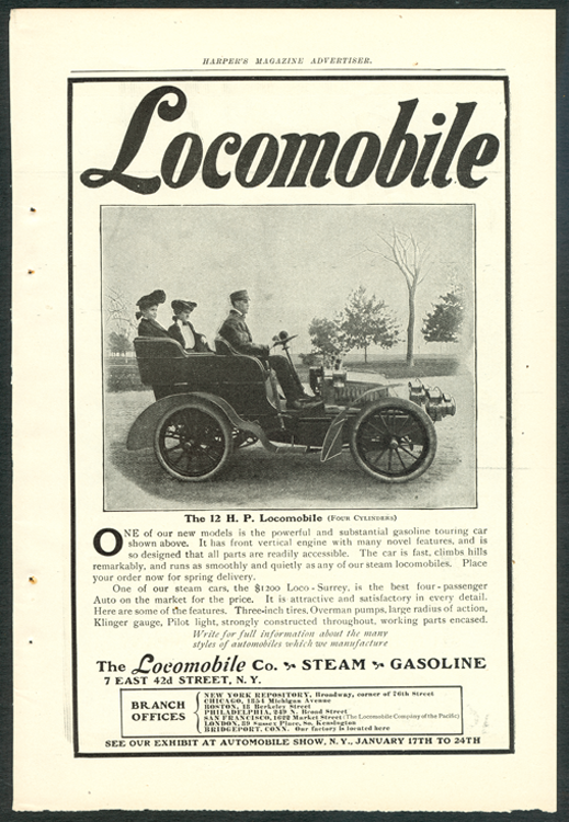 Locomobile Company of America, Magazine Advertisement, Gasoline and Steam Cars, Harper's Magazine, January 1903.