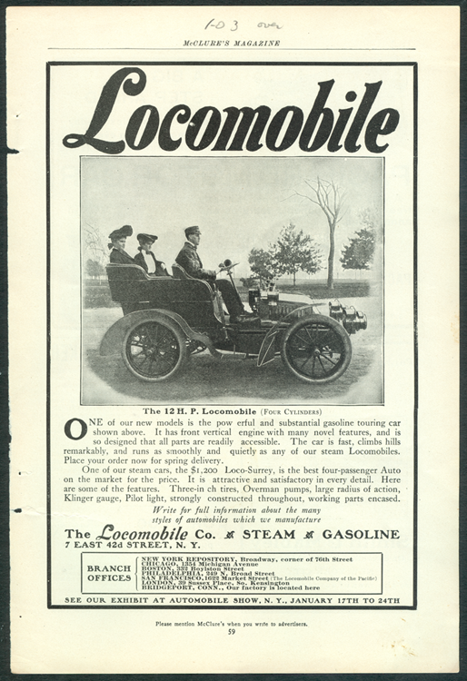 Locomobile Company of America, Magazine Advertisement, McClure's Magazine, January 1903, p. 59.
