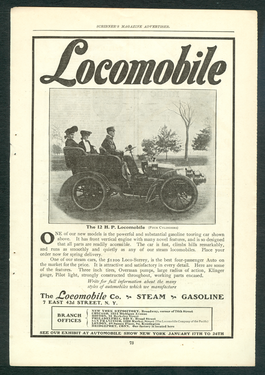 Locomobile Company of America, Magazine Advertisement, Scribner's Magazine, January 1903, p. 73