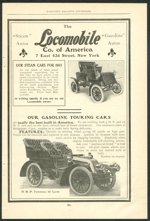 Locomobile Company of America, Magazine Advertisement, Scribner's Magazine, March 1903, p. 88e.