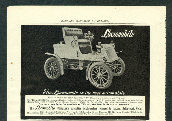 Locomobile Company of America, Magazine Advertisement, May 1903, Harper's Magazine, p. 9.