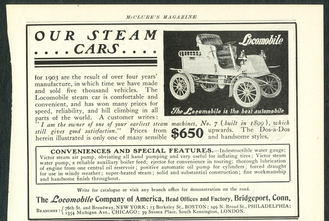 Locomobile Company of America, Magazine Advertisement, June 1903, McClure's Magazine, Steam Car Advertisement