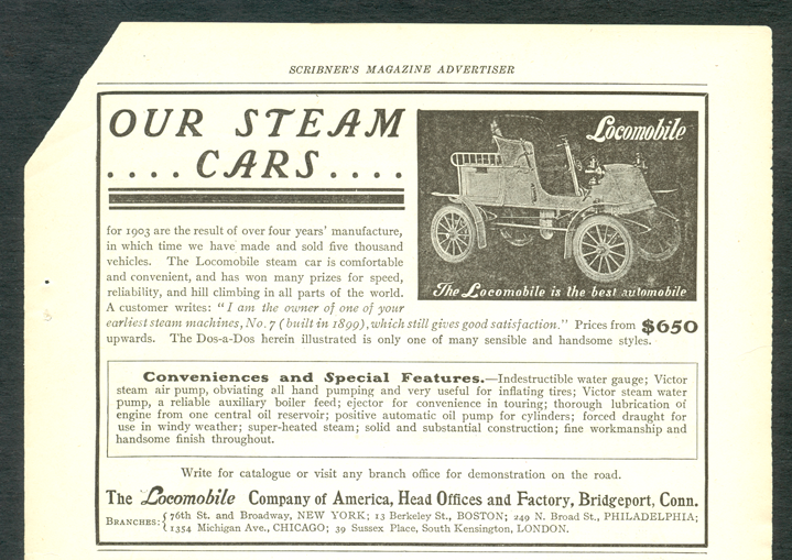 Locomobile Company of America, Scribner's Magazine Advertisement, June 1903, p. 109.