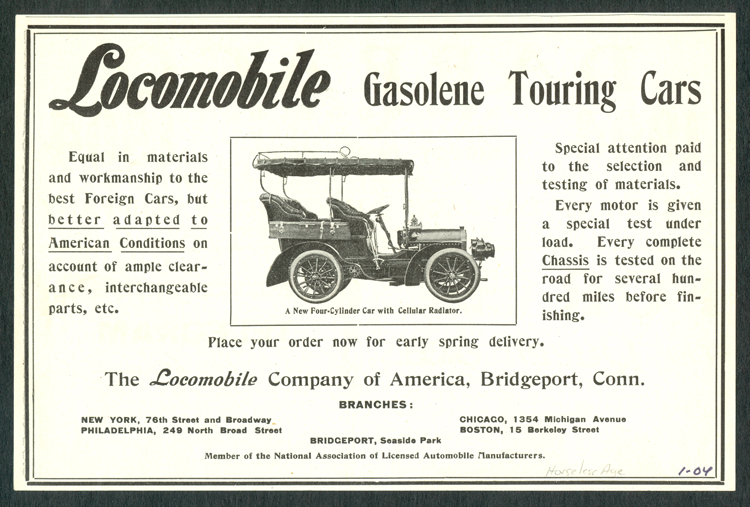 Locomobile Company of America, Horseless Age Magazine Advertisement, January 1904, Gasoline Cars
