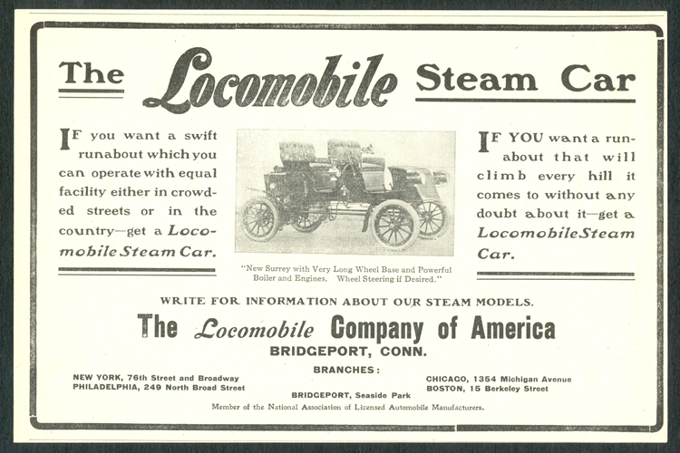 Locomobile Company of America, Horseless Age Magazine Advertisement, January 1904, Steam Cars.
