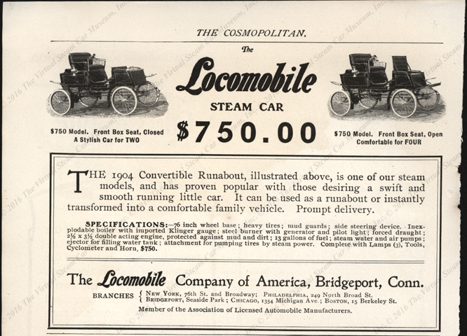 Locomobile Company of America, Steam Car Magazine Advertisement, August 1904, Cosmopolitan Magazine