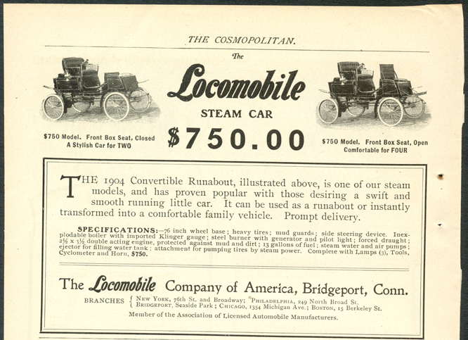 Locomobile Company  of America, Cosmopolitan Magazine Advertisement, Steam Cars, August 1904