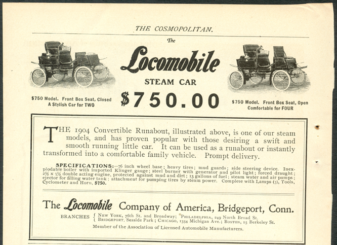 Locomobile Company of America, Cosmopolitan Magazine Advertisement, Steam Cars, August 1904