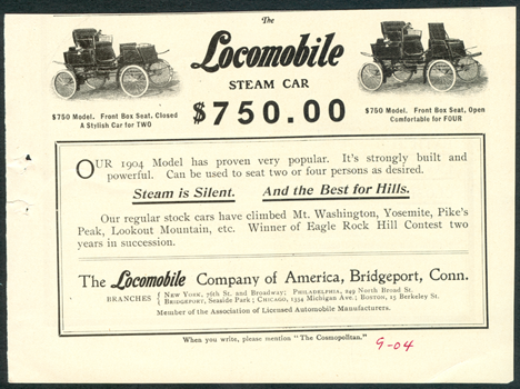 Locomobile Company of America, Cosmopolitan Magazine Advertisement, September 1904.