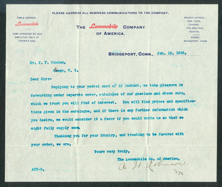 Locomobile Company of America, January 12, 1905, Letter, Oswego, NY
