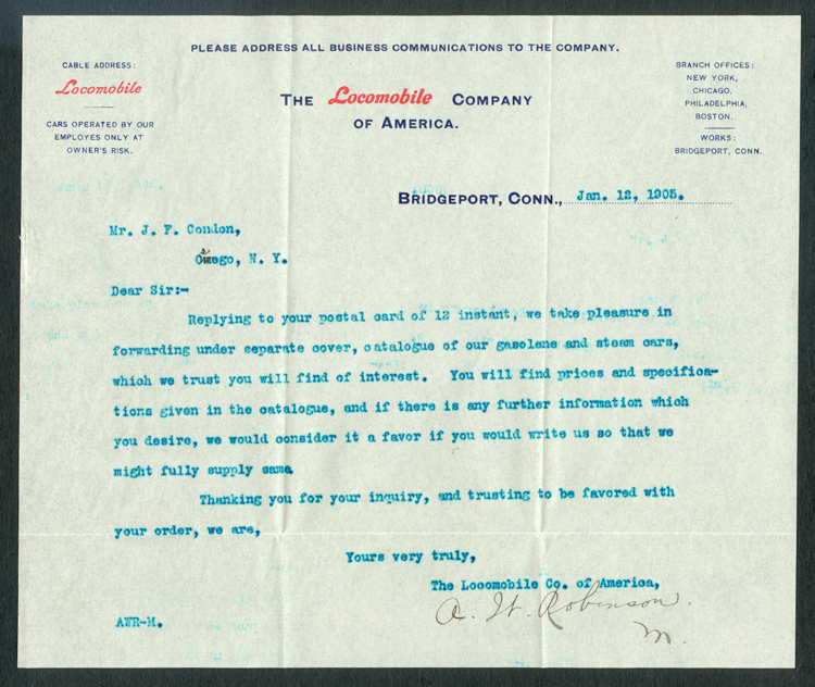 Locomobile Company of America, January 12, 1905, Letter, Oswego, NY
