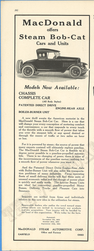 MacDonald Steam Automotive Corporation, January 1924 advertisement, Motor Magazine, p. 368.  CHECK DATE