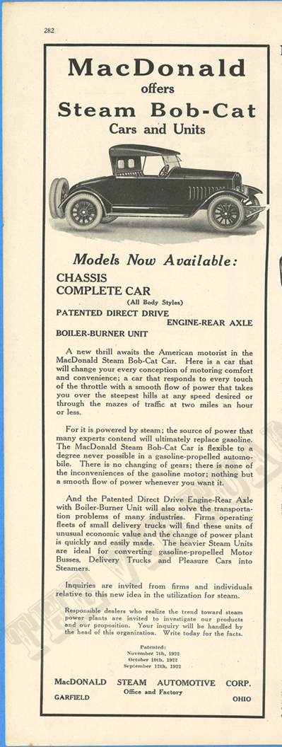 MacDonald Steam Automotive Corporation, January 1924 advertisement, Motor Magazine, p. 368. CHECK DATE