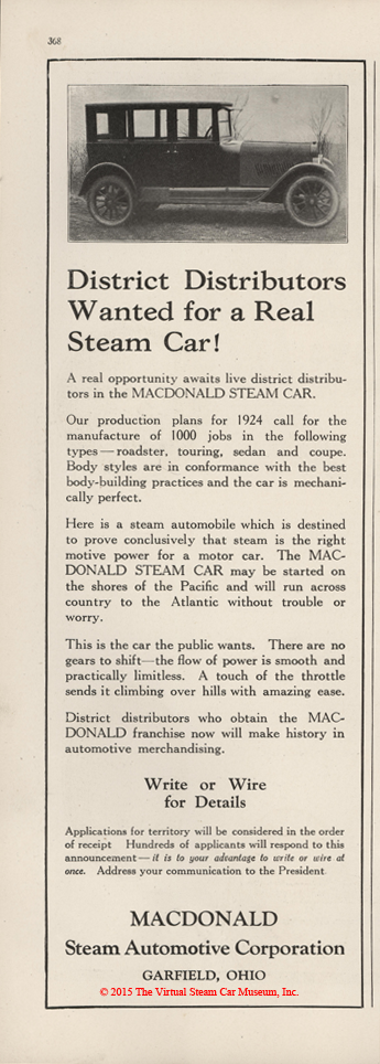 MacDonald Steam Automotive Corporation, January 1924 advertisement, Motor Magazine, p. 368.