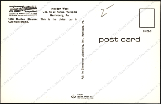 Malden Automobile Company Steam Car, 1898, Zimmerman's Automoborama, Post Card, Reverse