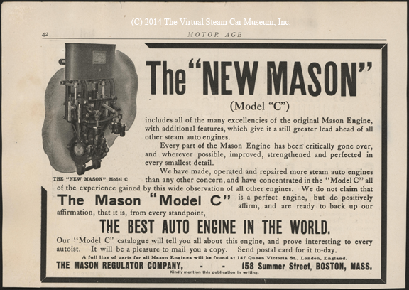 Mason Regulator Company, October 1903, Motor Age, p. 42. Model C Engine