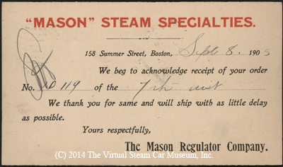Mason Regulator Company Business Reply Post Card 1905 Mason Steam Specialties