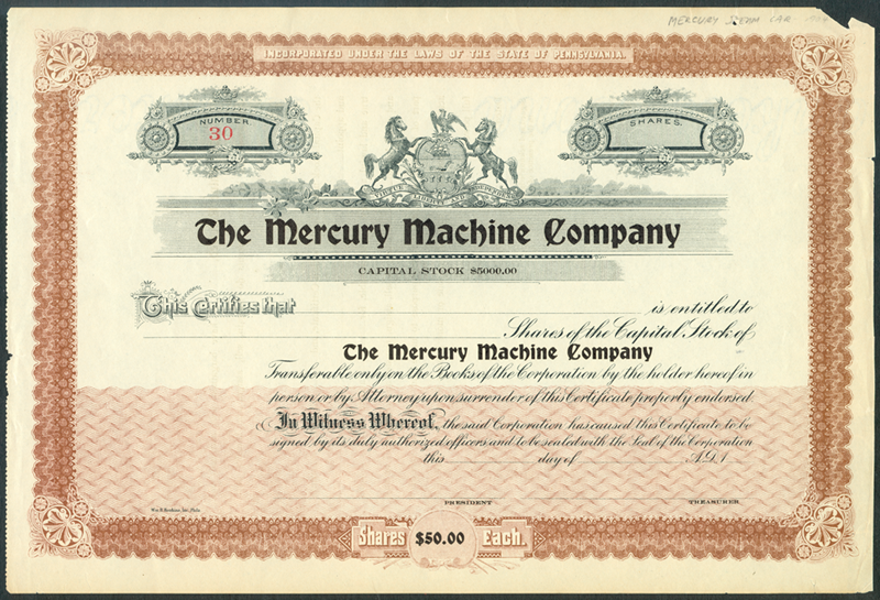 Mercury Machine Co Stock Certificate