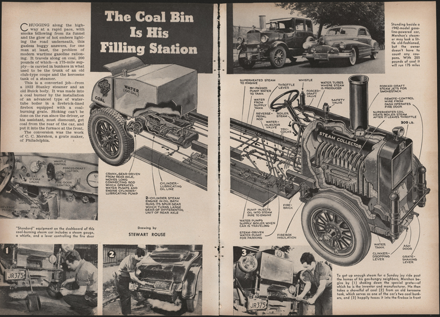 Mershon Patent Shaking Grate, Coal Fired Stanley Steam Cars, Popular Mechanics, December 1943, pp. 60-61