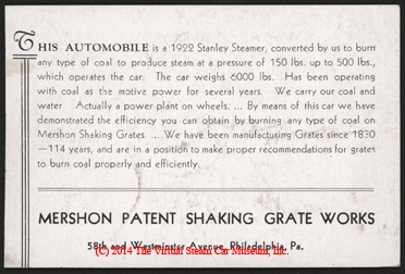 Mershon Patent Shaking Grate Works, Coal Fired Stanley Steam Car, 1923