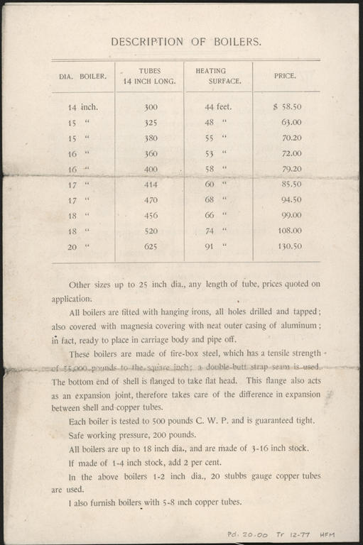 Frank Milne Steam Automobile, Everett, MA,  Trade Catalogue, ca: 1901, p. 4