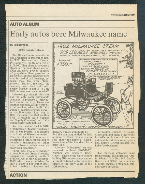 Milwaukee Automobile Company Steam Car, Tad Burness Newspaper Feature, 1992