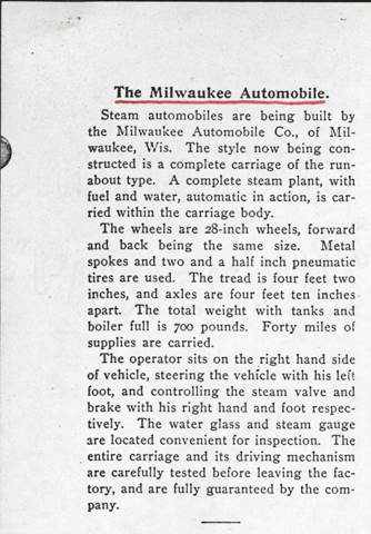 Milwaukee Aubomobile Company, February 1900, The Automobile Magazine Article, p. 29, photocopy, Conde Collection