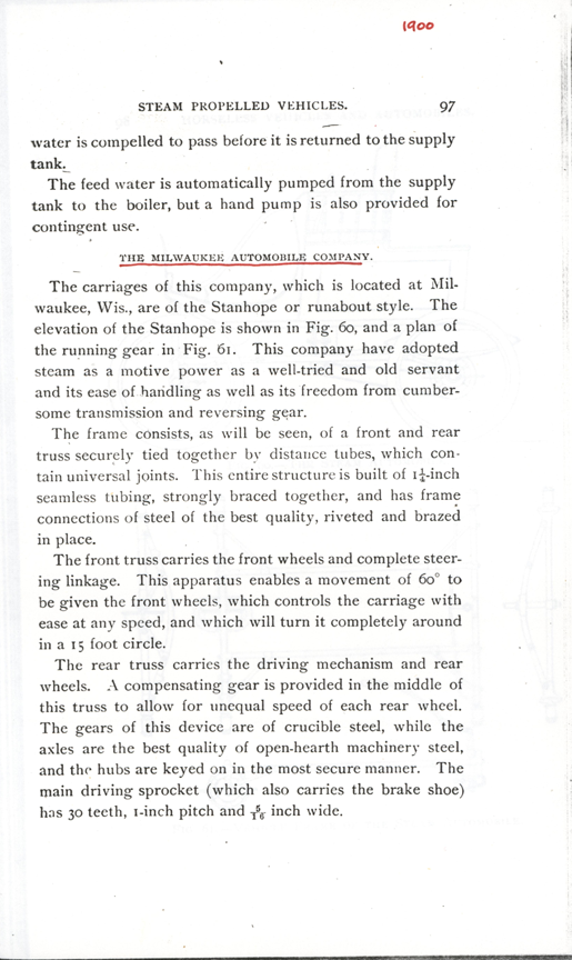 Milwaukee Aubomobile Company, section of Gardner Hiscox's 1900 book, Horseless Vehicles, photocopy, Conde Collection.