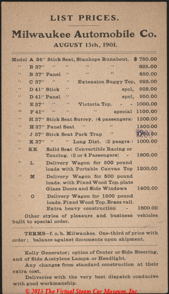 Milwaukee Automobile Company List Prices, August 1, 1901