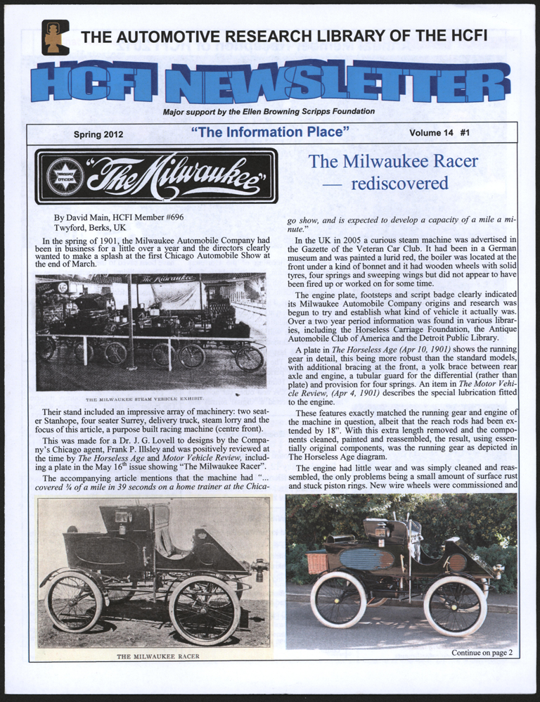Milwaukee Automobile Company Steam Car, Racer, Horseless Carriage Foundation Newsletter, Spring 2012