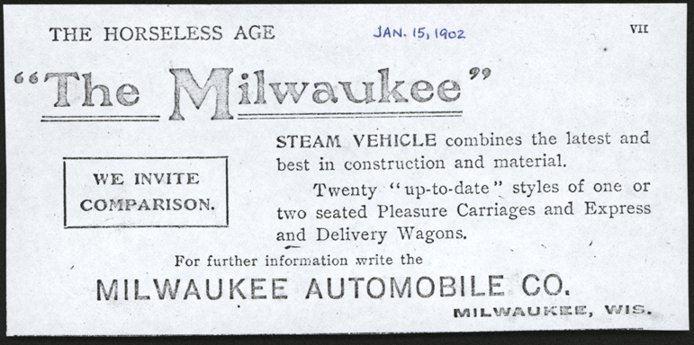 Milwaukee Aubomobile Company, Horseless Age, January 15, 1902, photocopy, Conde Collection.