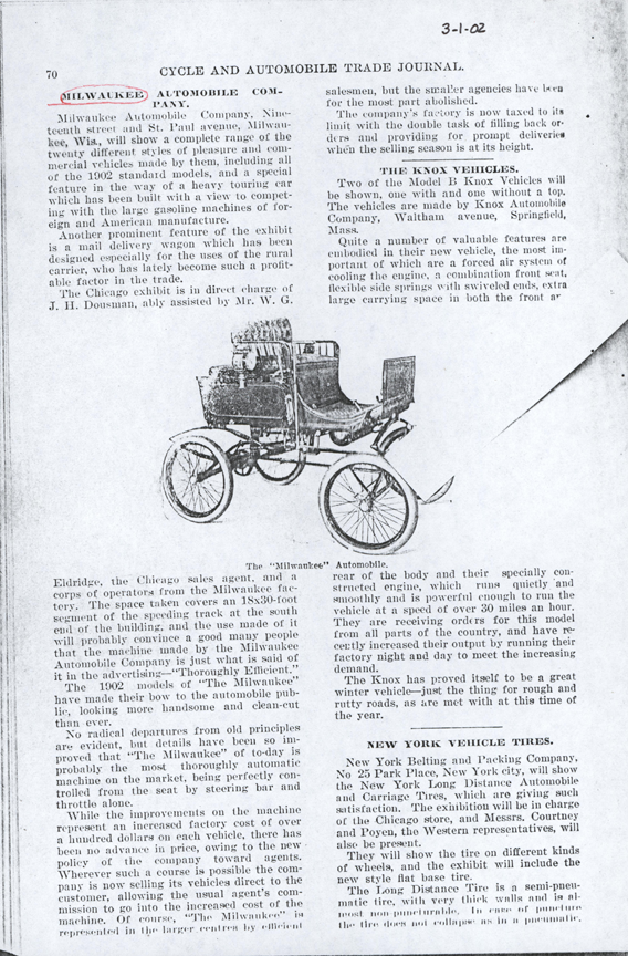 Milwaukee Aubomobile Company, March 1902, Cycle and Automobile Trade Journal Article, photoopy, Conde Collection.