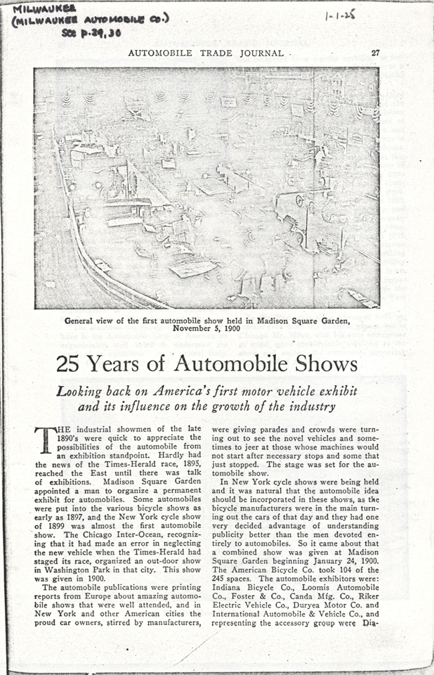 Milwaukee Aubomobile Company, January 1, 1925 Article, Retrospective on auto shows, photocopy, Conde Collection.