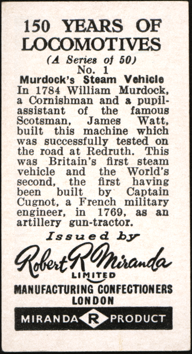 William Murdock Steam Carriage, 1784, Confectioners Card,  Reverse