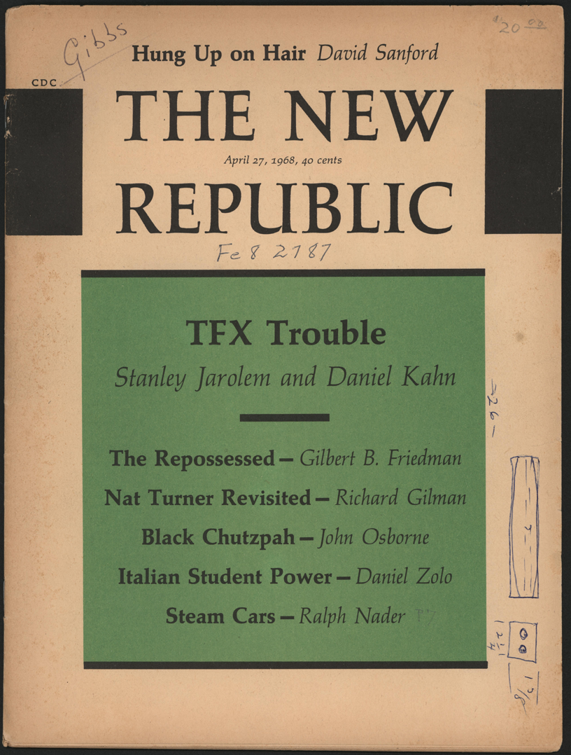 Ralph Nader Steam Car Article, April 27, 1968, New Republic, Cover