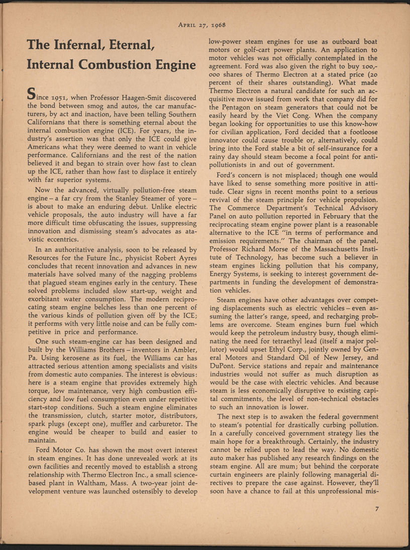 Ralph Nader Steam Car Article, April 27, 1968, New Republic, page 7