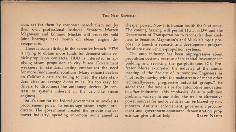 Ralph Nader Steam Car Article, April 27, 1968, New Republic, Page 8