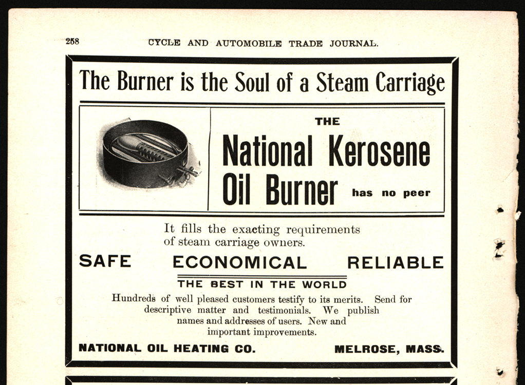 National Oil Heating Company, April 1905, Cycle & Automobile Trade Journal Advertisement, p. 258.