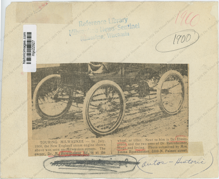 New England Steam Car Press Photo, Milwaukee News Sentinel, Rosenheimer, Elmergreen, Emma Rosenheimer Reverse