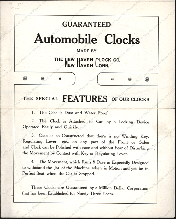 New Haven Clock Company Trade Catalogue, ca: 1915, Aftermarket Automobile Clocks