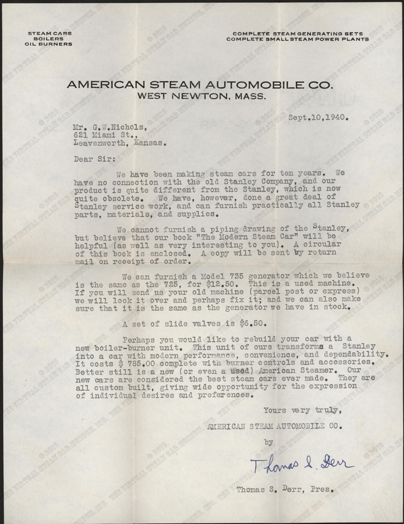 Letter, Thomas S. Derr to G. W. Nichols, September 10, 1940, Nichols Collection