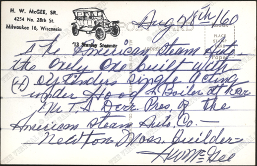American Steam Automobile Company, Empire Steam Car, G. W. Nichols Collection, Harry McGee Postcard, Rufus Limpp Car Museum, Reverse