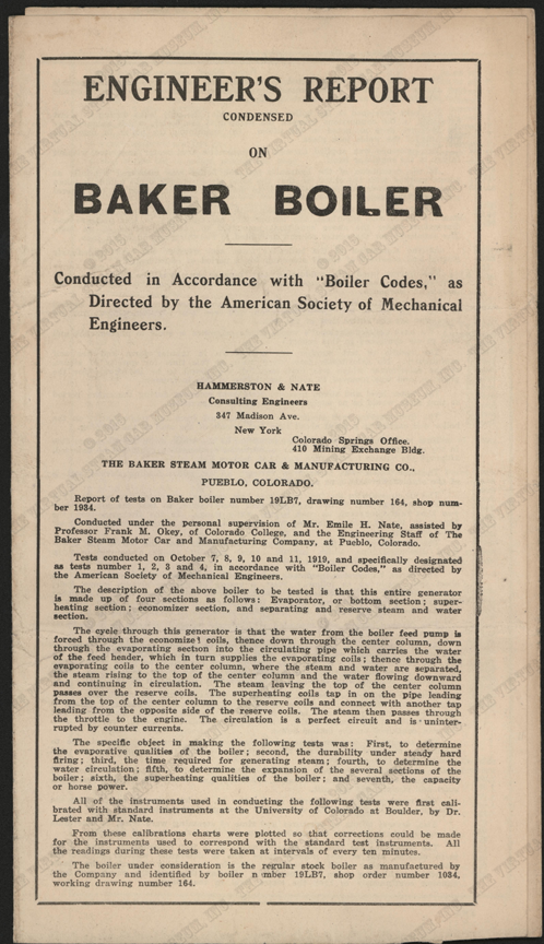 Baker Steam Car and Manufacturing Company, Engineer's Report, October 31, 1919, Nichols Collection.