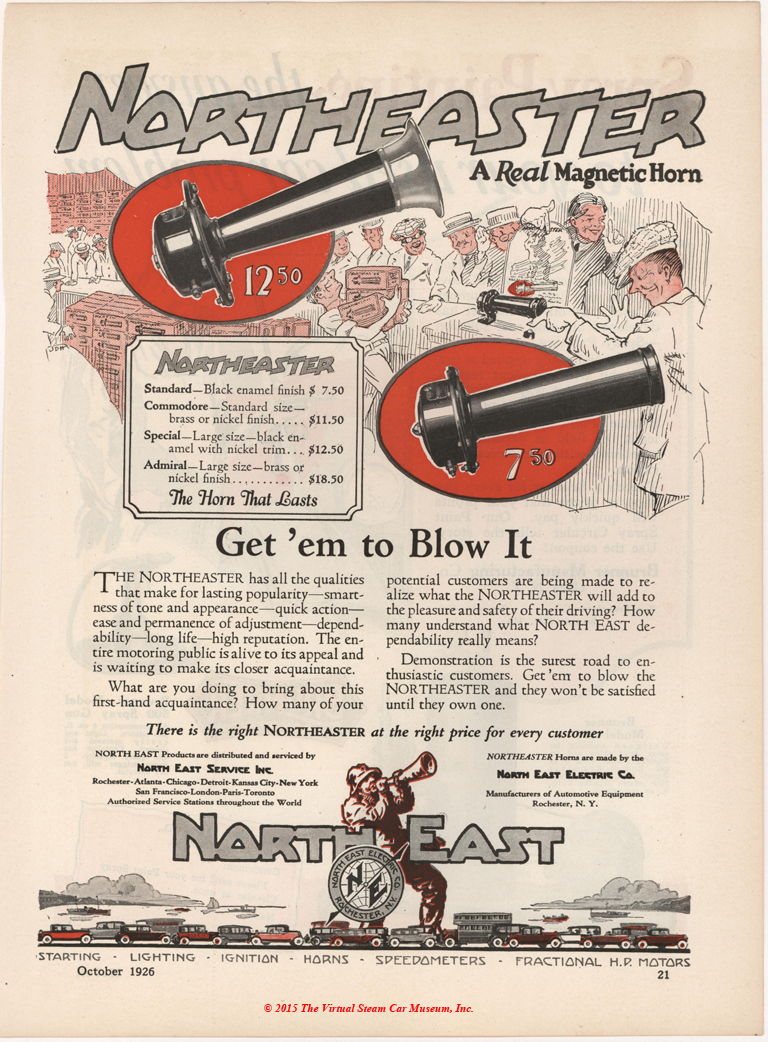 North East Electric Company, October 1926 Magazine Advertisement, Electric Horns